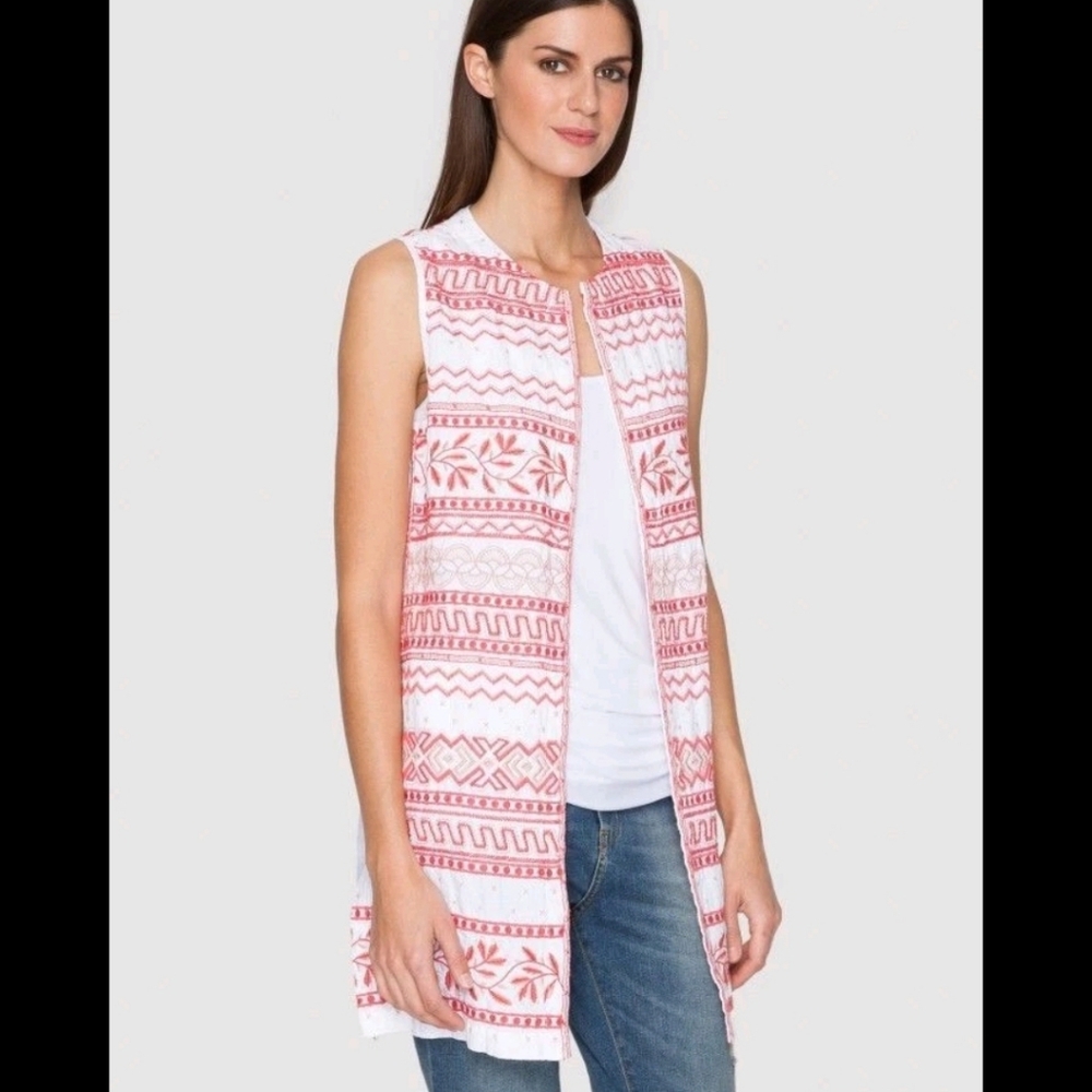 Johnny Was Dahlla Embroidered Open Front 100% Linen Cardigan Vest Women's Size L